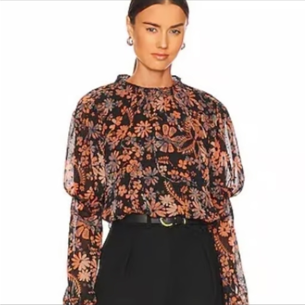 FREE PEOPLE Clarissa Juliet Sleeve Printed Top in Midnight Sz M Microfloral